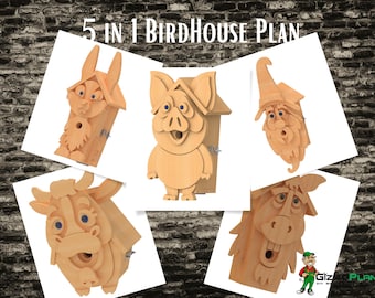 Conjunto de planos de casitas para pájaros (vaca, campesino, caballo, conejo alto y cerdo): colección de patrones 5 en 1 (archivos DXF y SVG)