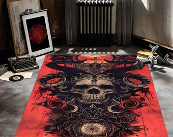Skull Area Rug: Gothic Horror Decor, Satanic Baphomet Design