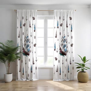 May include: White nautical-themed curtains with a repeating pattern of sailboats, anchors, and stars. The curtains feature a large central sailboat illustration with blue and brown accents, adding a decorative touch to any room.
