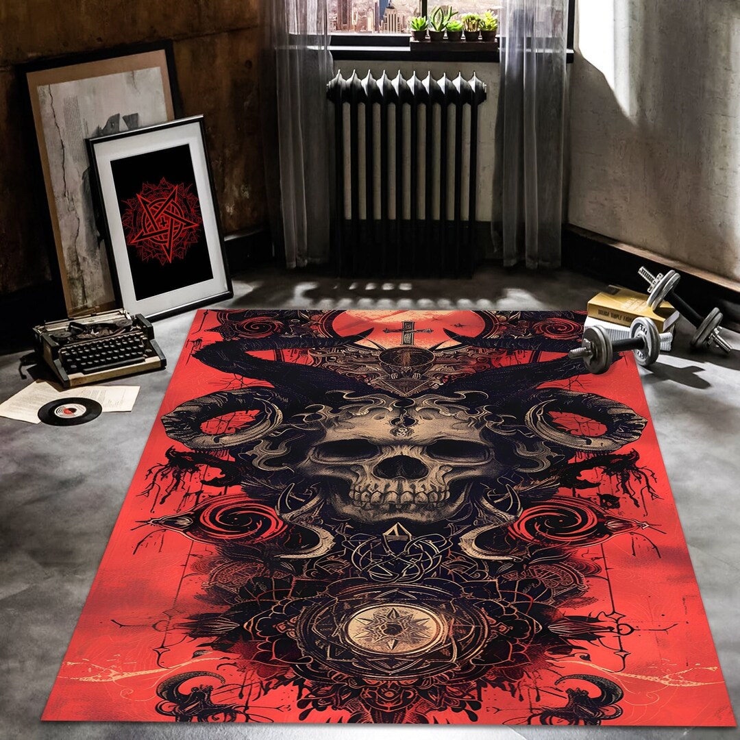 Satanic Area Rug Skull Area Rug: Gothic Horror Decor, Satanic Baphomet Design - Etsy