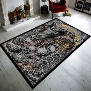 May include: Black and white rug with a graphic design of a skeletal figure with a yellow sun behind it. The figure is surrounded by bones and tentacles.