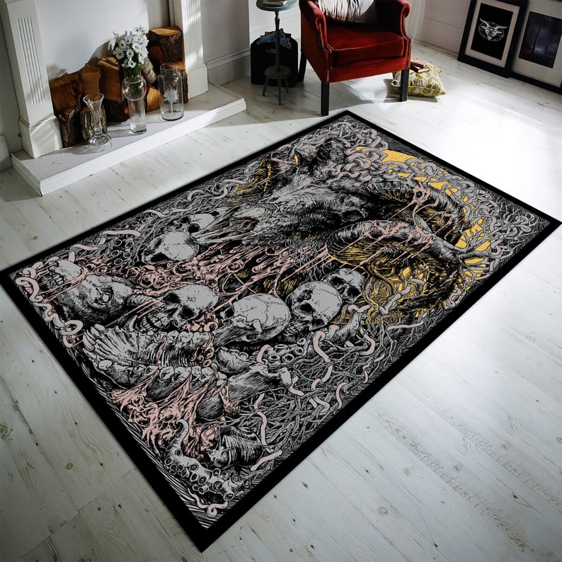 May include: Black and white rug with a graphic design of a skeletal figure with a yellow sun behind it. The figure is surrounded by bones and tentacles.