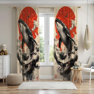 Japanese Whale Wall Art Curtains, Great Wave & Rising Sun Window Treatment, Ukiyo-e Style Nautical Drapes, Zen Sea Creature Bedroom Decor