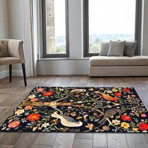 Floral Bird Rug Nature Inspired Carpet, Bird Pattern Decor, Cottagecore Rug, Floral Gift Rug, Gift For Nature Lovers