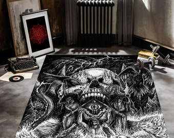 Skull Rug: Black and White Horror Decor, Illuminati Eye Design