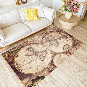Vintage Rug, Soft Rug, Vintage World Map Rug, Large Rug, Old World Map Rug, Map Rug, Non-Slip Carpet Rug, Pattern Rug, Brown Rug