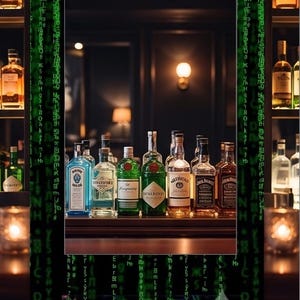 K&ouml;nnte beinhalten: Eine Barregal-Anzeige mit verschiedenen Glasflaschen f&uuml;r Spirituosen in einer Reihe, eingerahmt von einem digitalen Rand aus kaskadierenden gr&uuml;nen Code-Zeichen und dem Wort MATRIX in leuchtend gr&uuml;nem Text am unteren Rand.