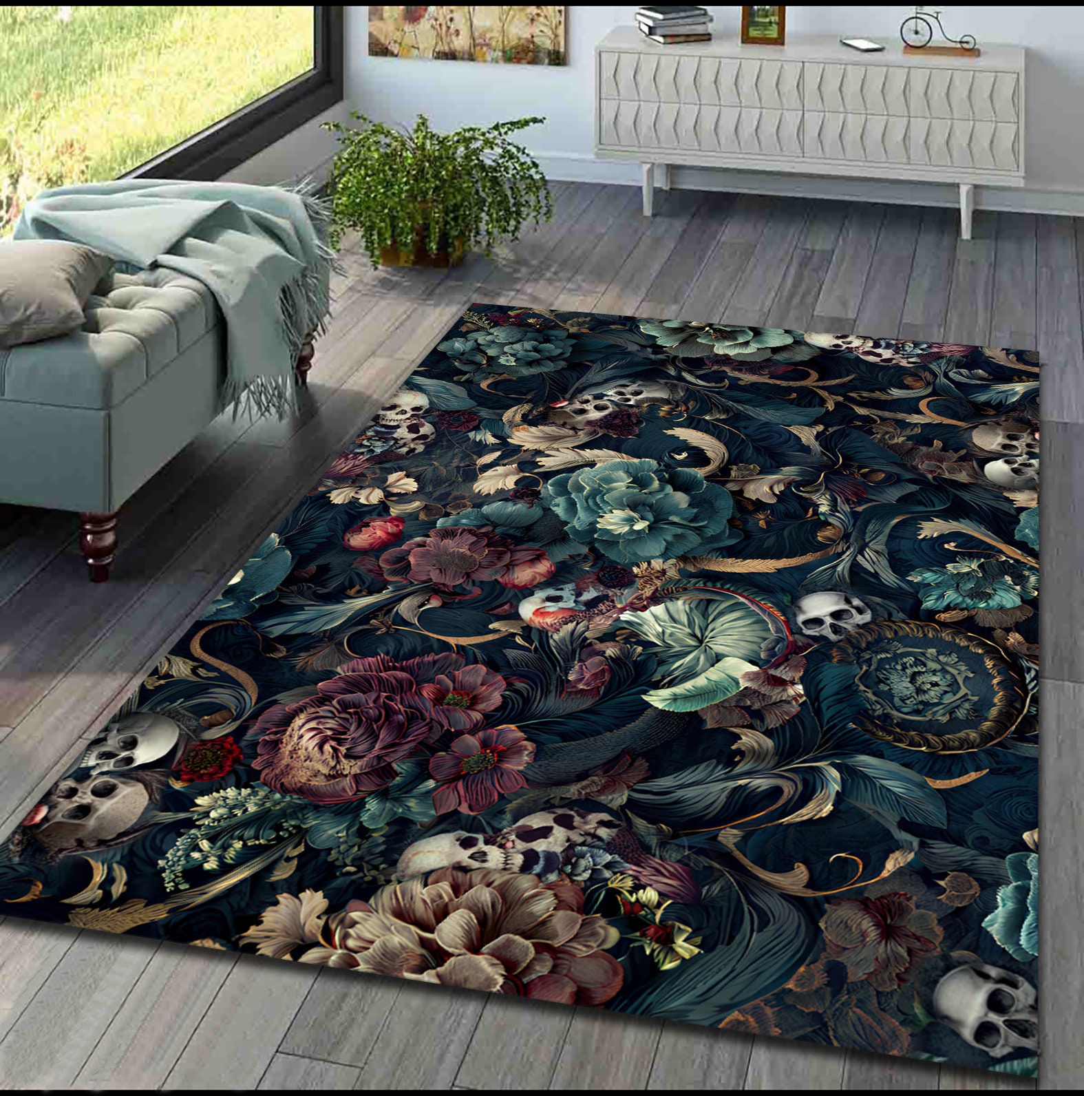 Discover Skull Rug, Gothic Rug, Snake Rug, Flower Rug, Fear Rug, Modern Rug, Popular Rug,Living Room Rug, Skull and Flower Rug, Home Decor