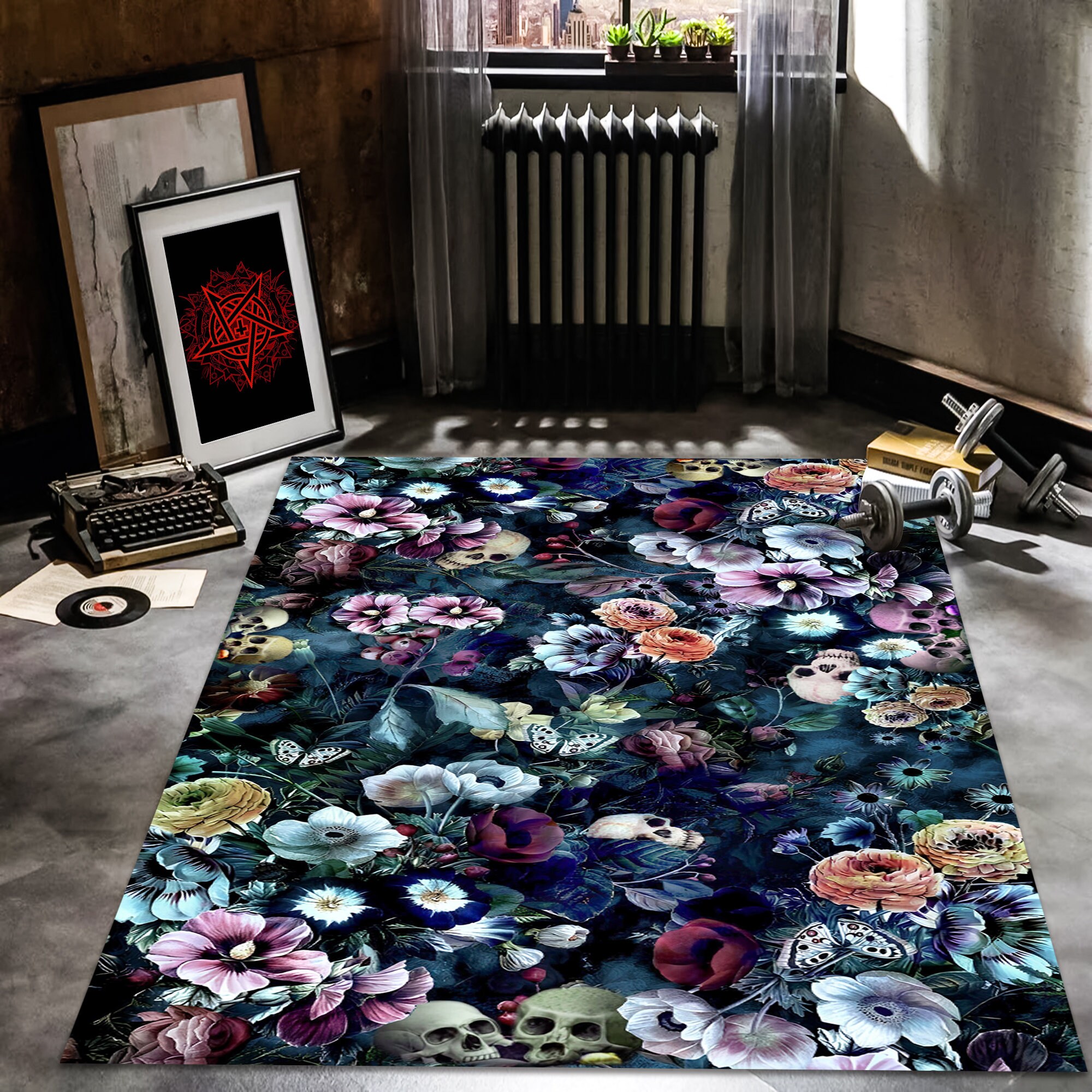 Gothic Design Flower Rug, Flowers and Skulls Themed Decor Rug ...