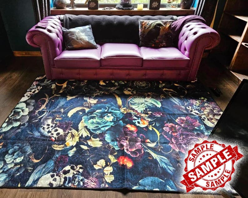 Skull & Raven themed Gothic Rug, Horror Accent Home Decor, Occult Design Carpet image 4