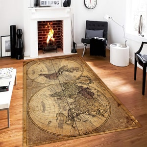May include: A vintage-style world map rug in brown and beige tones. The rug features a detailed map of the world with continents and oceans labeled in a classic font. The rug is perfect for adding a touch of history and sophistication to any room.