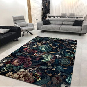 Gothic Skull Rug, Occult Witchy Dark Decor, Black Floral Snake Carpet for Living Room Dinning room, Fear Rug,Modern Rug,Popular Rug