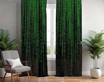 Digitale regengordijnen, vallende codegordijnen, cyberpunkgordijn, groene binaire gordijnen, gordijn in technische stijl, hacker-decorgordijnen, gordijnen in scifi-stijl