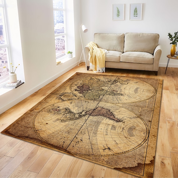 Vintage World Map Rug: Non-Slip Library Decor