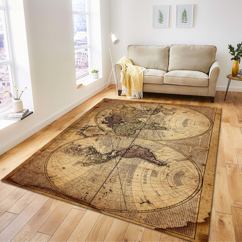May include: A vintage-style world map rug in brown and beige tones. The rug features a detailed map of the world with continents and oceans labeled in a classic font.