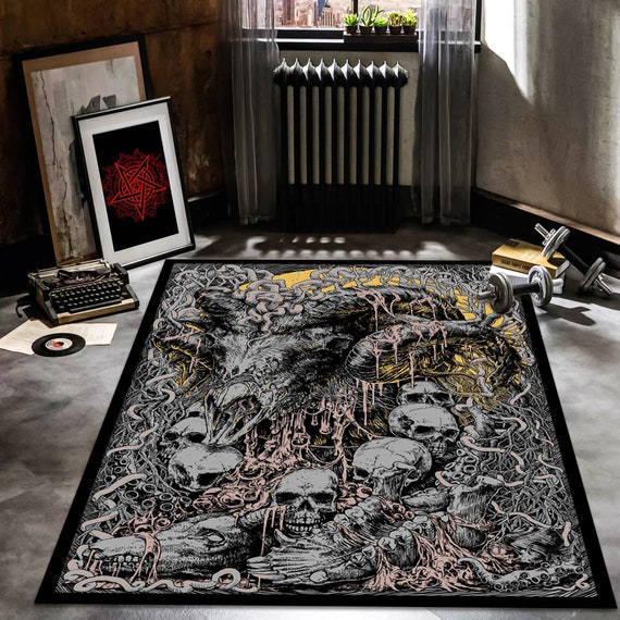 Skull & Raven themed Gothic Rug, Horror Accent Home Decor, Occult Design  Carpet