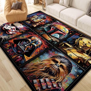 May include: Area rug featuring colorful, artistic renderings of Star Wars characters, including Darth Vader, Chewbacca, and C-3PO. The rug has a black border and is designed with a vibrant, abstract style.