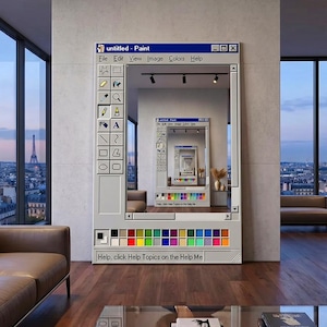 Può includere: Uno specchio da parete rettangolare progettato per assomigliare alla classica interfaccia del software Microsoft Paint. La cornice presenta una barra degli strumenti grigia con icone, una tavolozza di colori in basso e il testo untitled - Paint e Help, click Help Topics.