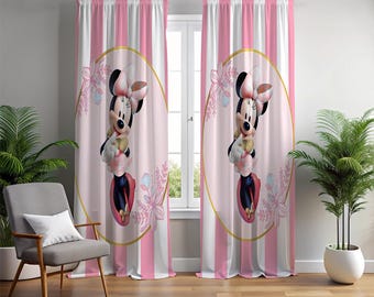 Pink Striped Drapes, Mouse Girl Curtain, Cute Pink Drapes, Nursery Window Drapes, Toddler Girl Curtain, Pink Bow Drapes,Floral Mouse Curtain
