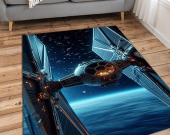 Spaceship Cockpit Area Rug, Blue Galaxy Battle Carpet, Sci-Fi Starship Decor, Futuristic Space Scene Rug, Modern Gamer Room Floor Decor