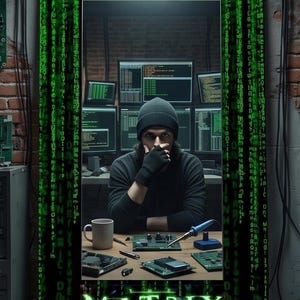K&ouml;nnte beinhalten: Ein rechteckiges Wandbild mit einem zentralen Bild einer Person in schwarzer M&uuml;tze und Pullover, die an einem Schreibtisch mit Computermonitoren und Platinen sitzt. Der Rand zeigt gr&uuml;nen digitalen Code und den Text THE MATRIX unten.