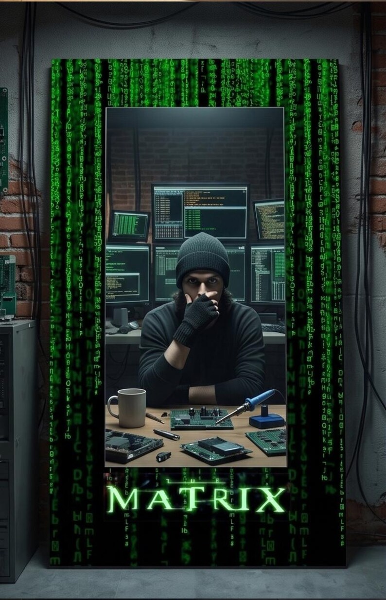 K&ouml;nnte beinhalten: Ein rechteckiges Wandbild mit einem zentralen Bild einer Person in schwarzer M&uuml;tze und Pullover, die an einem Schreibtisch mit Computermonitoren und Platinen sitzt. Der Rand zeigt gr&uuml;nen digitalen Code und den Text THE MATRIX unten.