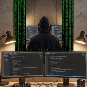 K&ouml;nnte beinhalten: Ein Schreibtisch-Setup mit zwei Computermonitoren, die Codezeilen anzeigen, einer mechanischen Tastatur, einer Computermaus und Kopfh&ouml;rern. &Uuml;ber den Monitoren zeigt ein rechteckiges Wandbild eine Kapuzenfigur, umgeben von gr&uuml;nem digitalen Code.