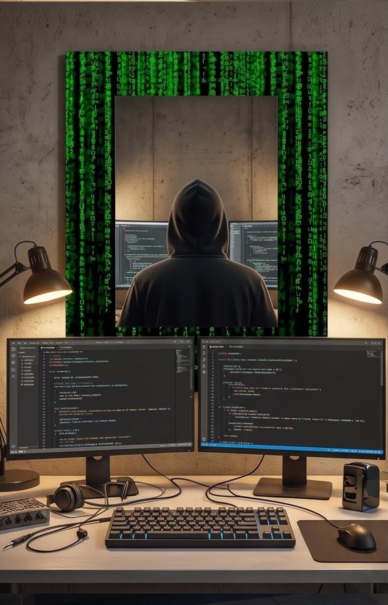 K&ouml;nnte beinhalten: Ein Schreibtisch-Setup mit zwei Computermonitoren, die Codezeilen anzeigen, einer mechanischen Tastatur, einer Computermaus und Kopfh&ouml;rern. &Uuml;ber den Monitoren zeigt ein rechteckiges Wandbild eine Kapuzenfigur, umgeben von gr&uuml;nem digitalen Code.