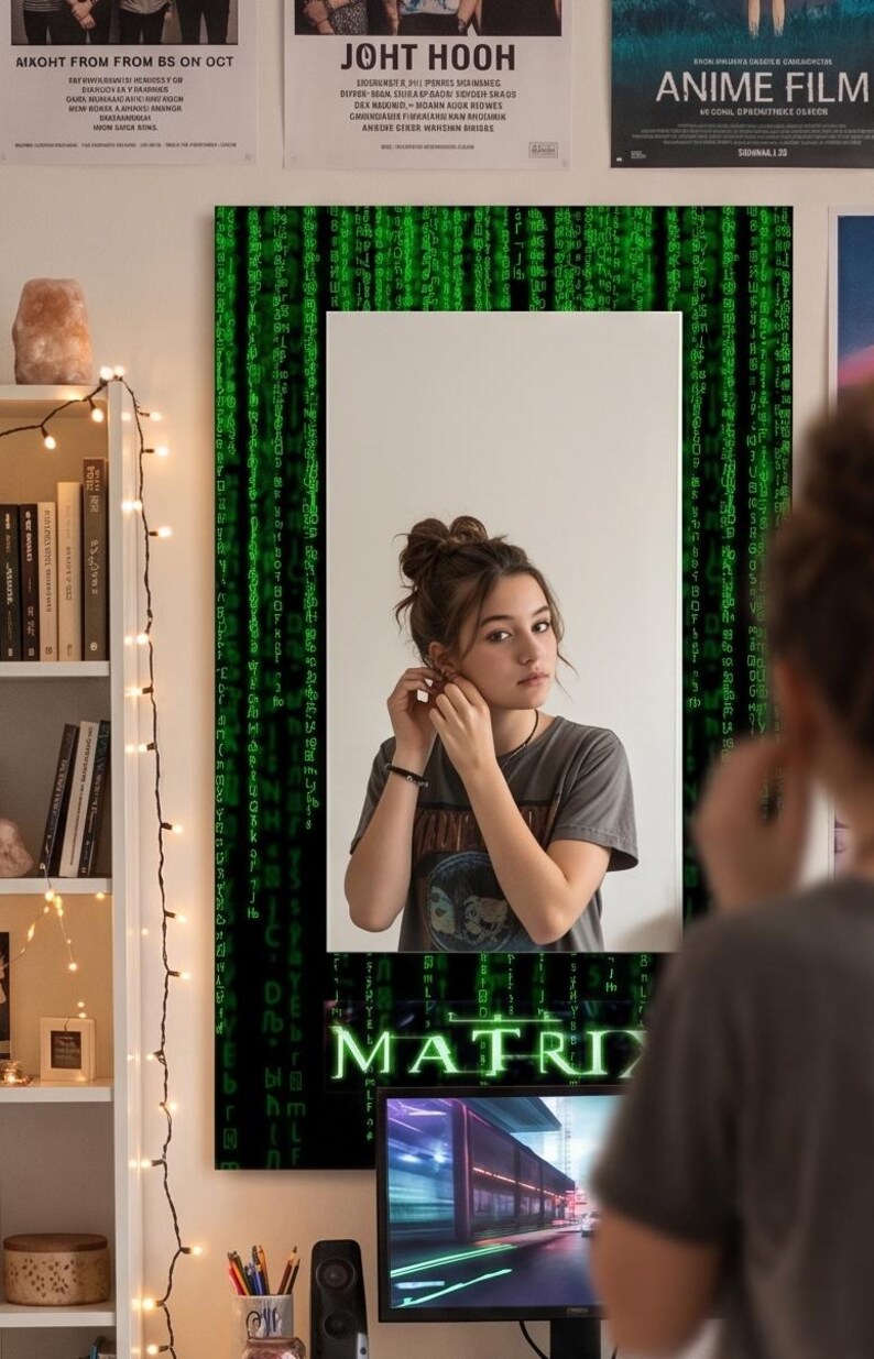 K&ouml;nnte beinhalten: Ein rechteckiger Wandspiegel mit einem schwarzen Rahmen, der mit einem gr&uuml;nen digitalen Codemuster verziert ist, das an Computer-Datenstr&ouml;me erinnert. Am unteren Rand des Rahmens steht das Wort MATRIX in fetten, leuchtend gr&uuml;nen Gro&szlig;buchstaben.