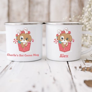 Custom Kids Puppy Dog Hot Cocoa Christmas Mug | Personalized Dog Xmas Durable Shatterproof Cup | Enamel Metal Camping Mug | Gift for Kids