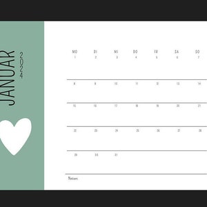 Könnte beinhalten: Ein einfacher, minimalistischer Kalender für Januar 2024 mit einer Herzform in der oberen linken Ecke. Der Kalender ist auf einem hellgrünen Hintergrund gedruckt.