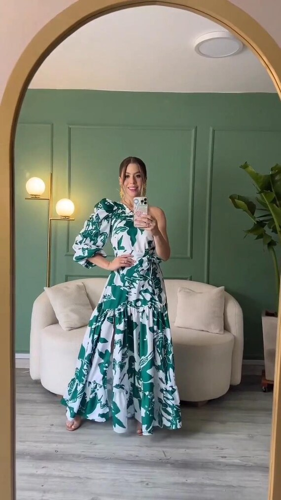 one shoulder green floral dress Seamoss Floral Bayou One Shoulder Maxi Dress XL / KELLY-BLUE-MULTI main image 1