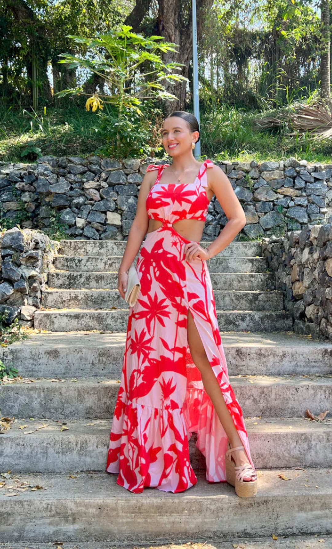 Tropical Floral Print Spliced Maxi Dress
