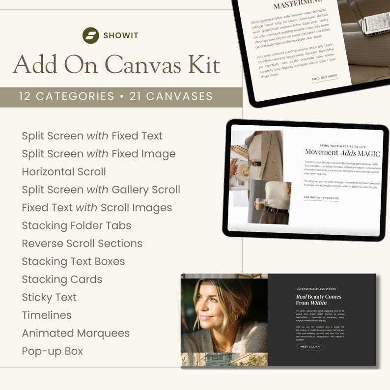 Showit Canvas Add On Bundle, Animation Template, Dfy Showit, Website design, Web Portfolio, Editable Showit Layouts, Modern Canvases image 3