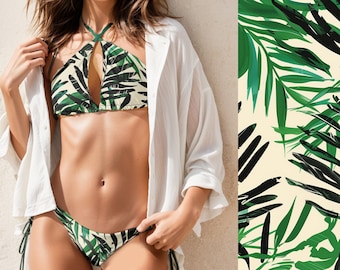 Ensemble bikini deux pièces feuille de palmier tropical avec motif de mode été 2024 abstrait botanique vert émeraude neutre imprimé brésilien