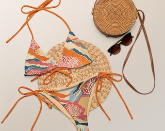 Ensemble de bikini deux pièces récif de corail avec motif de mode été 2024, imprimé abstrait et neutre coloré de vie marine