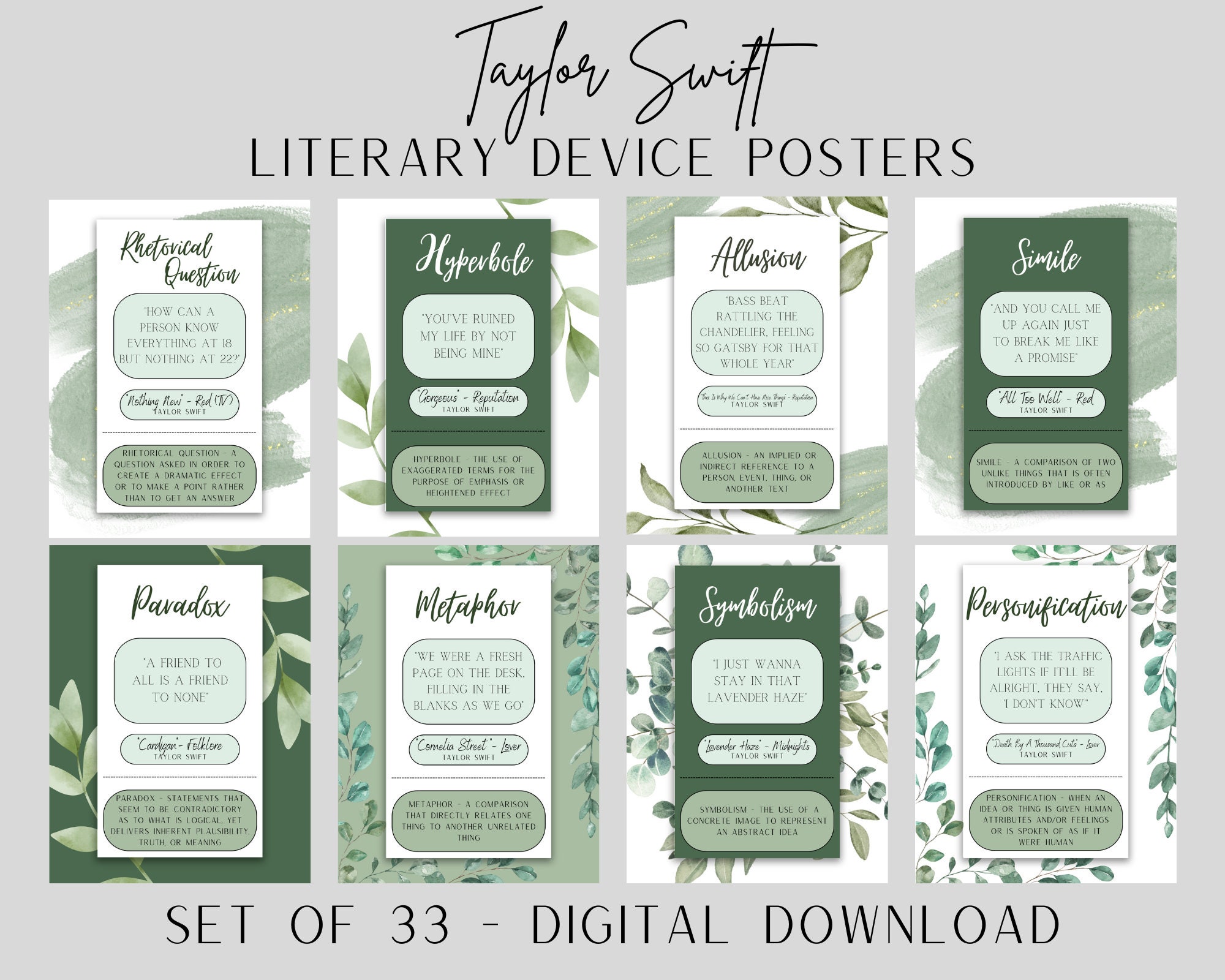 Taylor Swift English Classroom Posters: Literary/Rhetorical Devices