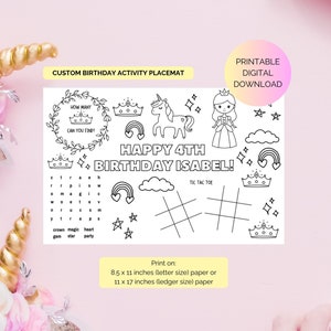 Princess Theme Custom Birthday Activity Placemat