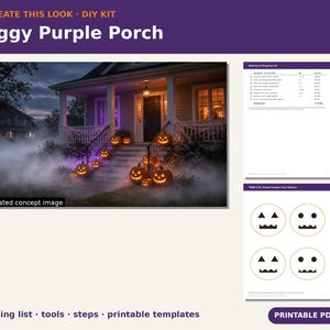 Foggy Halloween Porch DIY Kit, Recreate This Look Shopping List, Pumpkin Templates, Purple Light Setup Guide, Printable PDF