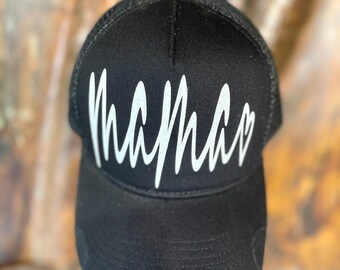 Mama Black Distressed Trucker Hat