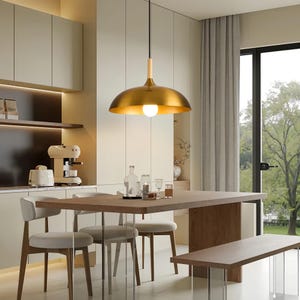 Modern Gold Dome Pendant Light with Wood Accent, Ceiling Light Fixture for Kitchen Island, Dining Room or Bedroom Minimalist Iron Lighting