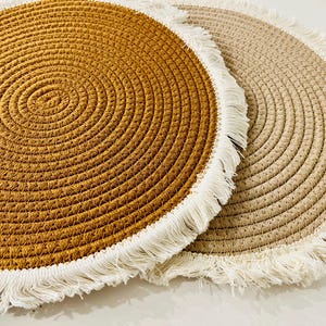 4pc/6pc Handmade Cotton Rope Round Placemat with Fringe – Boho Rustic Table Decor, Coaster, 15-Inch