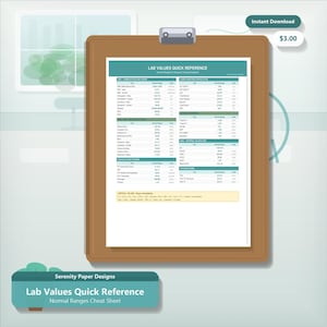 May include: A brown clipboard holding a white paper titled Lab Values Quick Reference with normal ranges for nurses and nursing students. The document features tables for blood counts, liver function, cardiac markers, and arterial blood gas values.