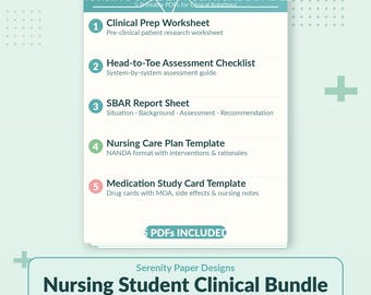 Nursing Student Clinical Bundle | Assessment, SBAR, Care Plan, Med Cards (Digital Download)