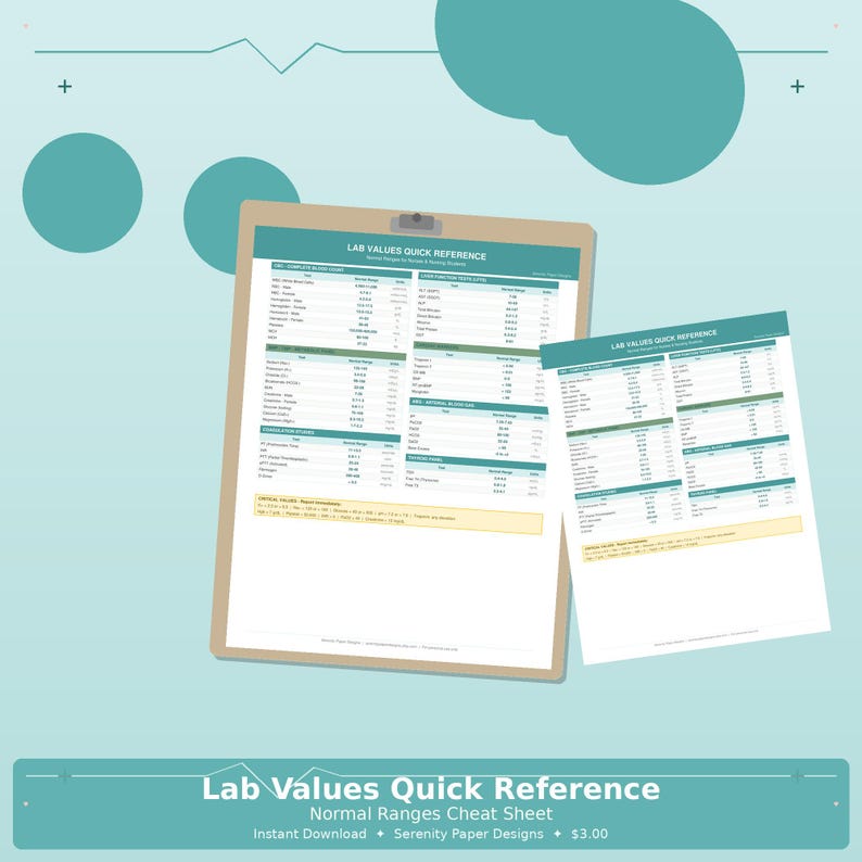 May include: A brown clipboard holding a white paper titled Lab Values Quick Reference with medical data tables, accompanied by a separate matching sheet. The document features columns for test names and normal ranges, with a yellow highlighted section.