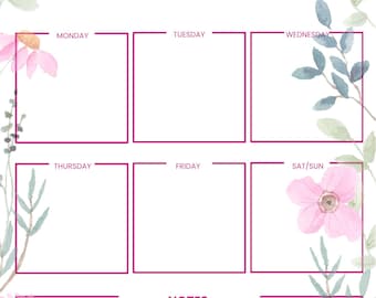 Digital Weekly Planner Template Printable PDF: Pink, Floral, Daisy, Spring