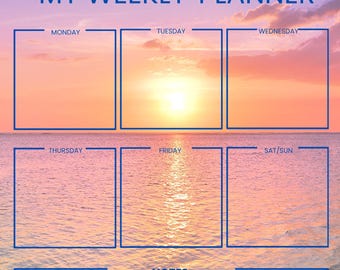 May include: A weekly planner with a sunset beach background. The planner has sections for each day of the week, Monday through Sunday, and a notes section.