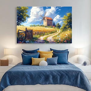 Rural landscape with a mill against blue sky,  canvas print. Wheat fields in village, wall art. Country summer scenery, artwork. Wall decor