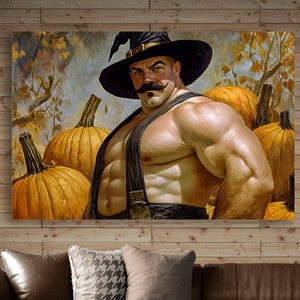 Uomo muscoloso witcher, stregone con grande cappello nero, stampa su tela. Halloween, vacanze autunnali, poster. Uomo gay, elegante in pantaloni di pelle