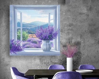 Artificial Open Window Canvas Print with vase, lavender flowers  | Modern Lavender Field Wall Art  |  Faux Window Painting  | Lavender
